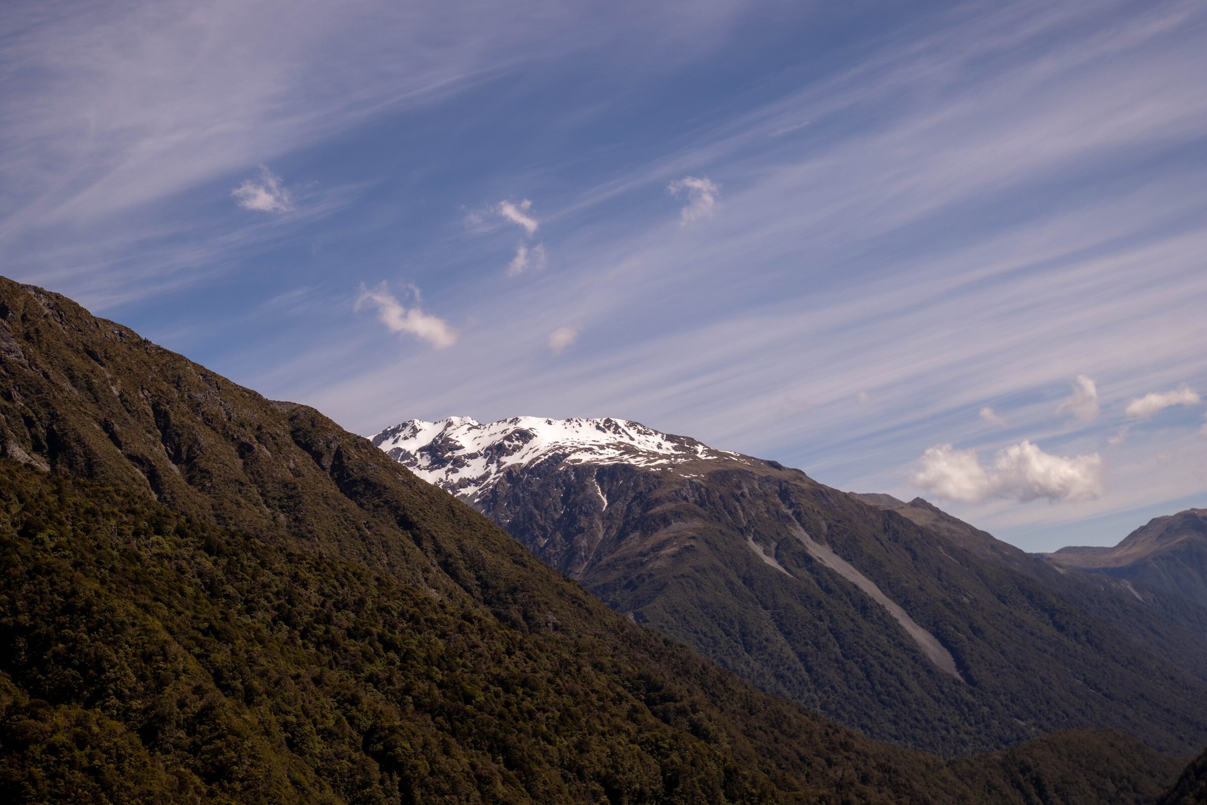 Snow-capped ridgeline above forested slopes, Arthur's Pass