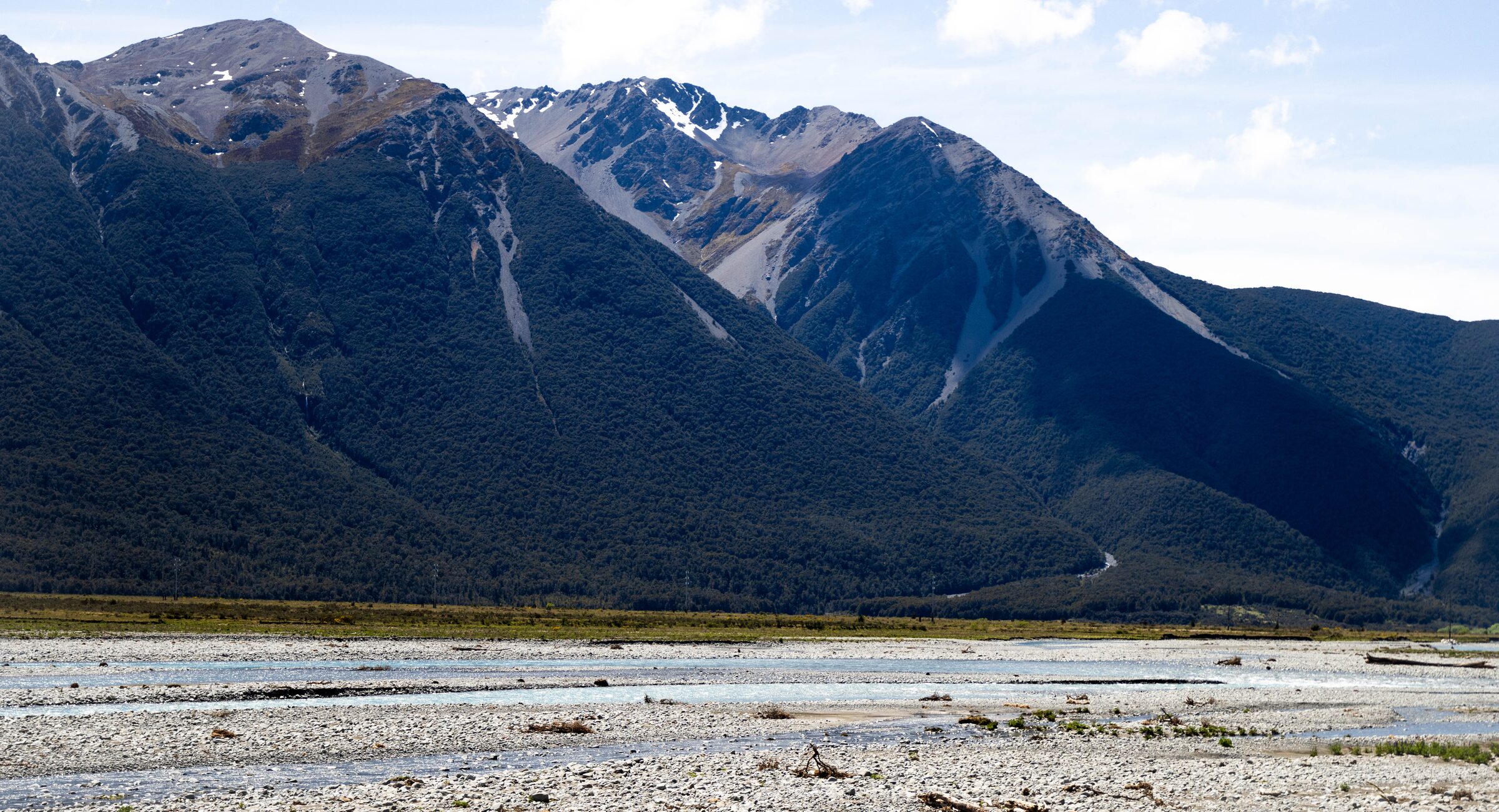 Braided river bed with forested and snow-dusted mountains behind